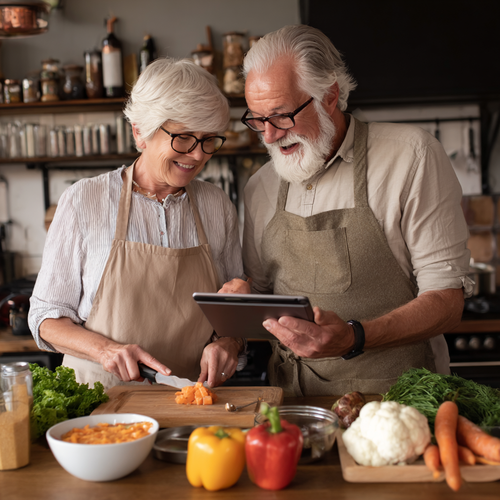 Senior couple cooking together using personalized meal plan on tablet